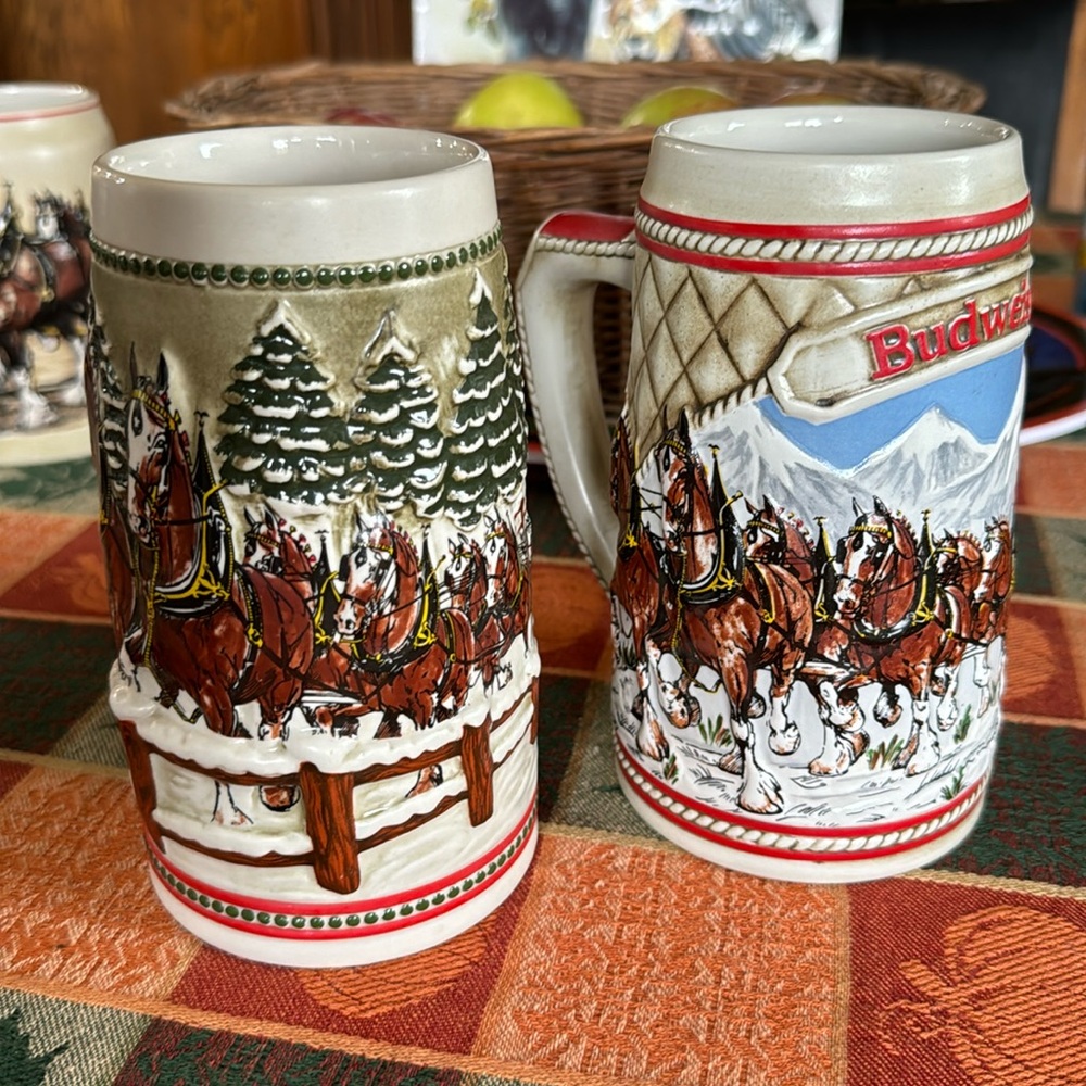 Budweiser Clydesdale ceramic holiday beer steins - VINTAGE - set of 2